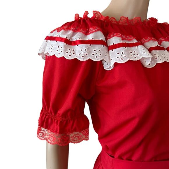 VTG Fashions by Betty Square Dance Set 6 Off The Shoulder Ruffle Skirt White Red - Picture 2 of 13